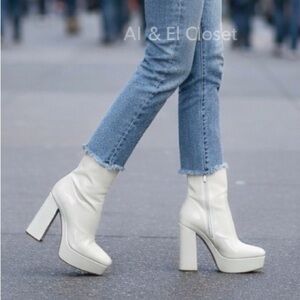 Guess BYRA Platform Block Heel Women’s Ankle Boots Ivory Patent, Size 9.5M NWB